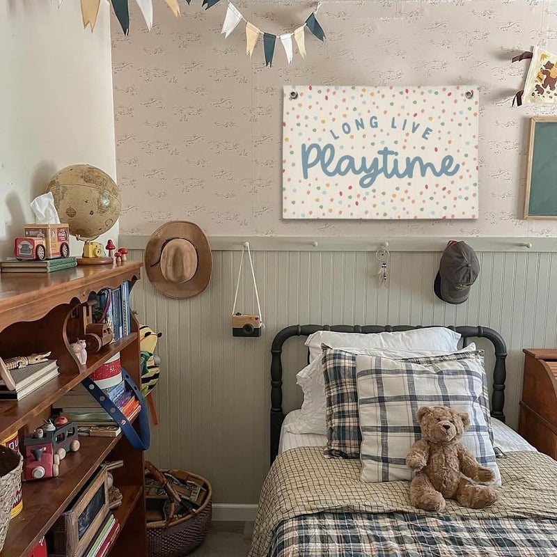 ShowDraven Playroom Decor, Kids Wall Art Hanging Linen Banner, Blue Striped Wall Flag for Playing Room Nursery Playroom Decor, 20x30 Inch - Image 2
